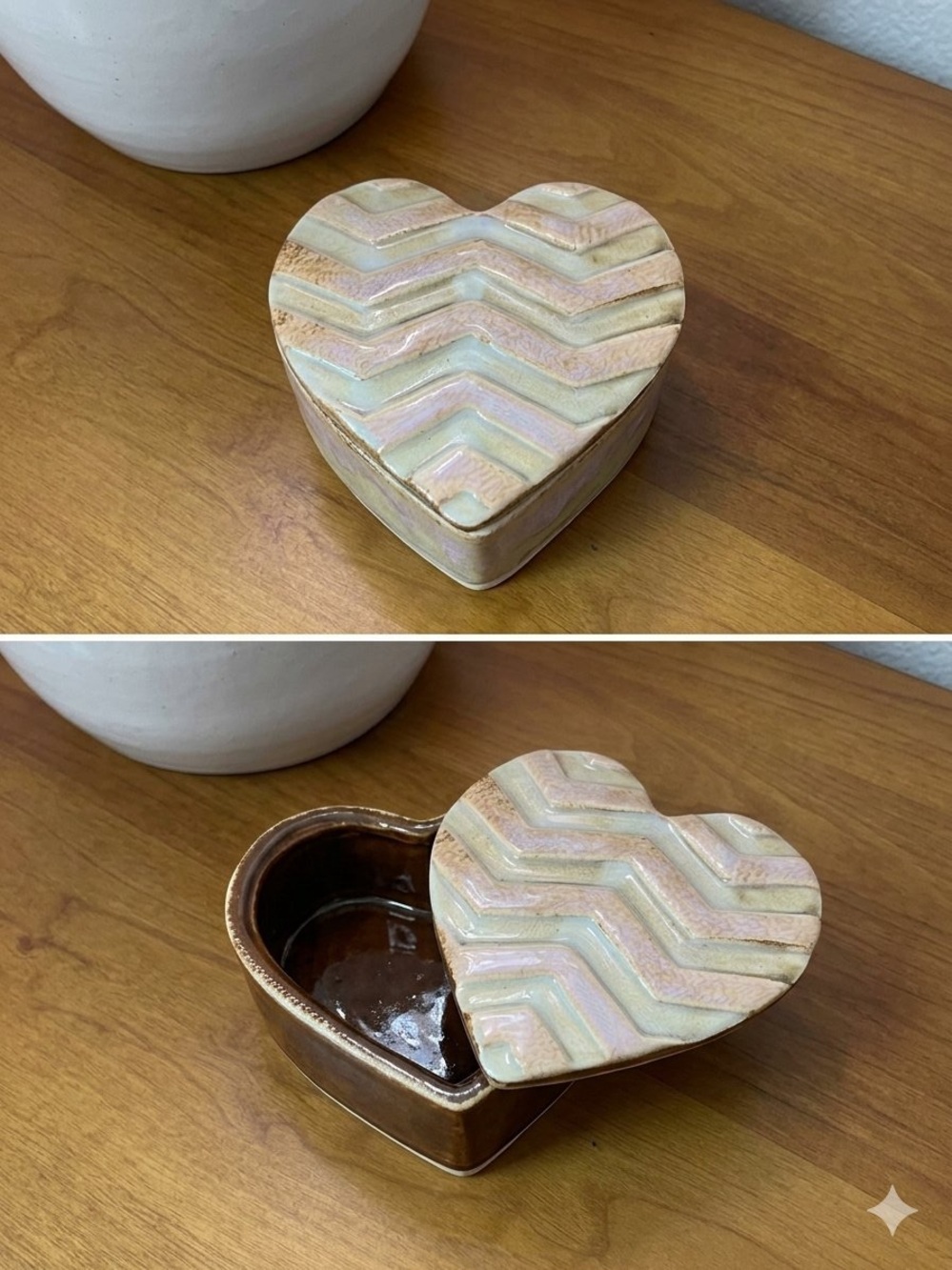 Heart-Shaped Ceramic Trinket Box in Pastel Pink and Cream Chevron • NWT